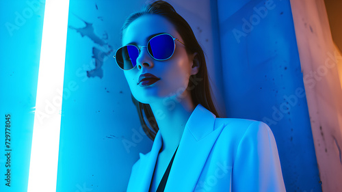 A fashion-forward woman poses in reflective sunglasses, illuminated by vibrant neon light, exuding cool and trendy vibes.
