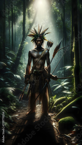 one of Indonesia's Mentawai tribe, depicted in full-body detail within the dense jungle, adorned with traditional tattoos and carrying hunting gear. photo