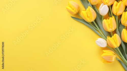 Spring yellow tulips on a yellow background, a holiday card. Mother's Day, women's Day, Valentine's Day. #729778260