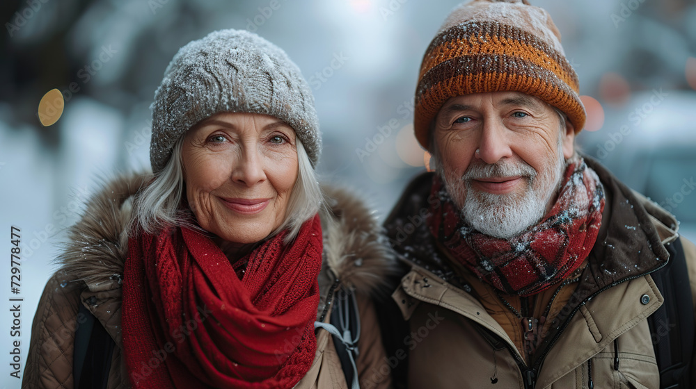 Smiling senior couple walking on city street on winter day Smiling senior couple walking on city street on winter day
