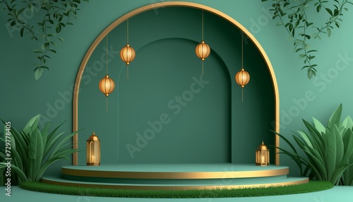 3d modern islamic podium in green background with lantern, mosque, grass, plant, gold. banner for islamic banner festivity like eid al adha, fitr, ramadan, etc