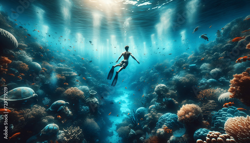 the man diving underwater in the ocean, exploring the serene beauty of the underwater world © Tanicsean