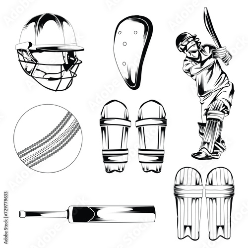 Cricket equipment and players Set Stock Vector