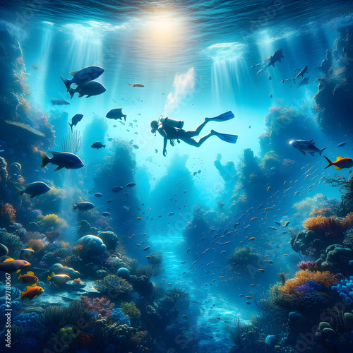 a man diving underwater in the ocean  exploring the serene and vibrant underwater world surrounded by marine life