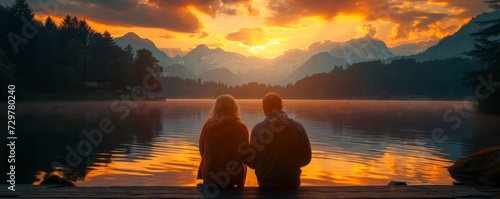 aged couple admiring autumn lake from pier Romantic couple with arms up sitting on old wooden pier at lake  sunset shot