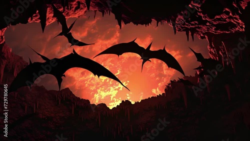 The silhouettes of Pteranodon roosting on the stalactites of a cave ceiling their wings folded as they rest and wait for nightfall. photo