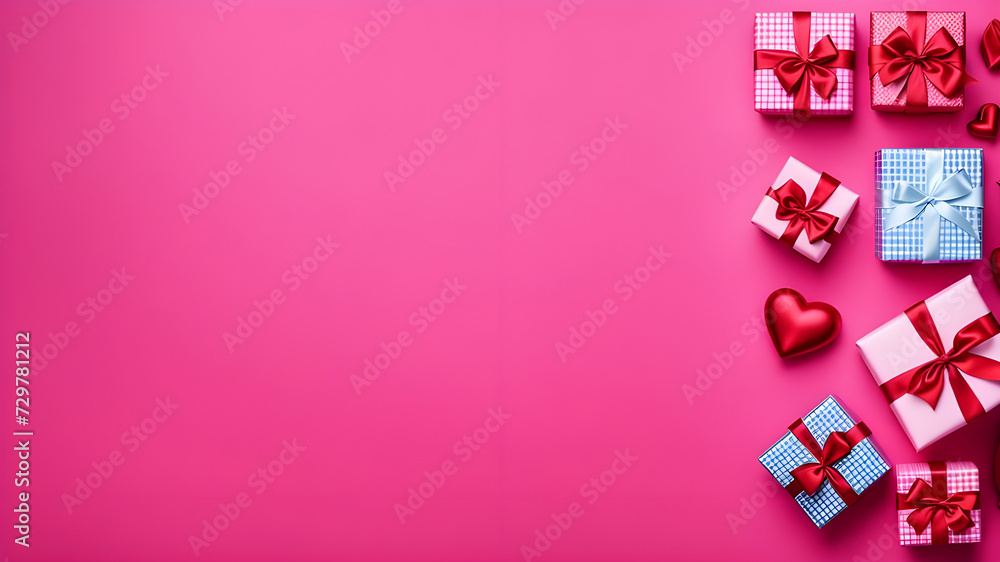 Pink background postcard with red hearts, gift boxes Valentine's Day concept. Pink background postcard with red hearts, gift boxes Valentine's Day concept.