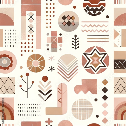Seamless pattern in Scandinavian style with elements of nature and hermetic shapes. Abstract graphic style.  Background for design, print, flyer, advertising, wallpaper, textile, fabric, interior
