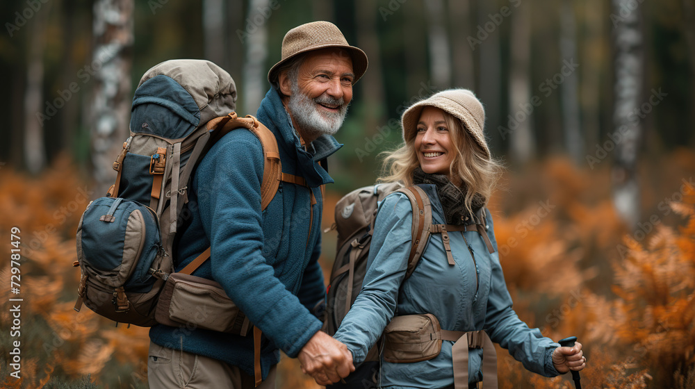 Energetic senior couple holding hands hiking