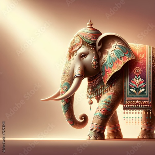 Painted elephant, decorated with flowers, gold and a blanket. Traditional, ritual style. Concept of Indian New Year and Elephant Festival. Illustration for design, print, greeting card, banner, poster