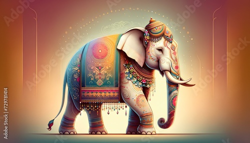 Painted elephant, decorated with flowers, gold and a blanket. Traditional, ritual style. Concept of Indian New Year and Elephant Festival. Illustration for design, print, greeting card, banner, poster