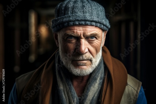 Portrait of an old man with a gray beard and a hat.