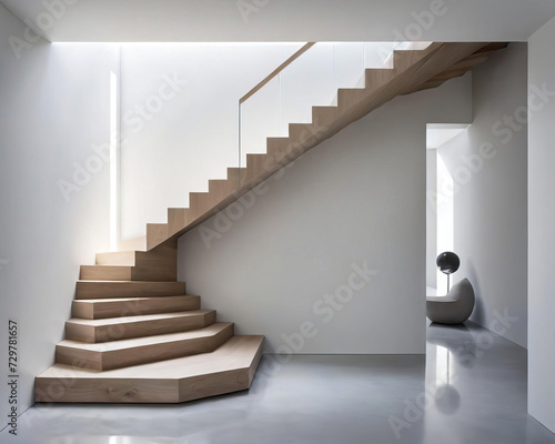 Minimalistic Reading Nook - Contemporary interior with organic materials, minimalist staircase, and reflected light on reflective surfaces Gen AI photo