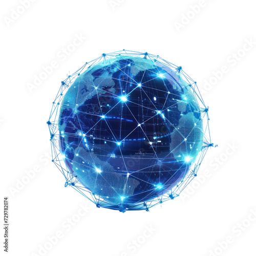 Minimalist illustration of a sleek globe, with glowing digital connections on transparency background PNG