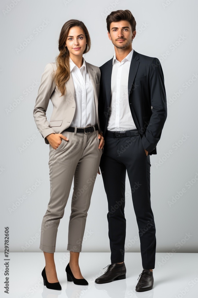 Male and female businessmen, white background Male and female businessmen, white background