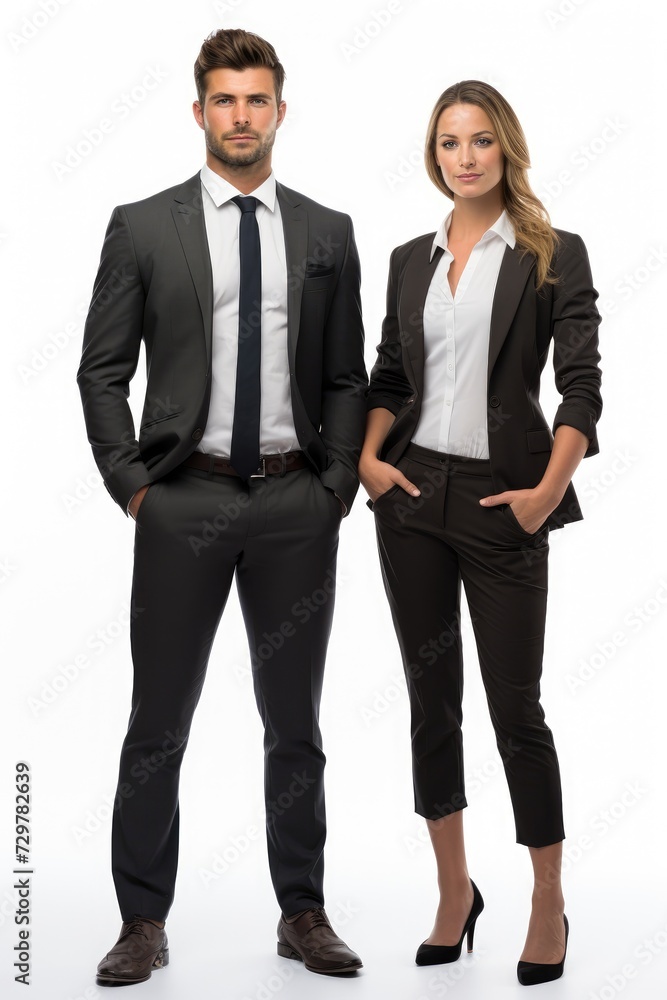 Male and female businessmen, white background Male and female businessmen, white background