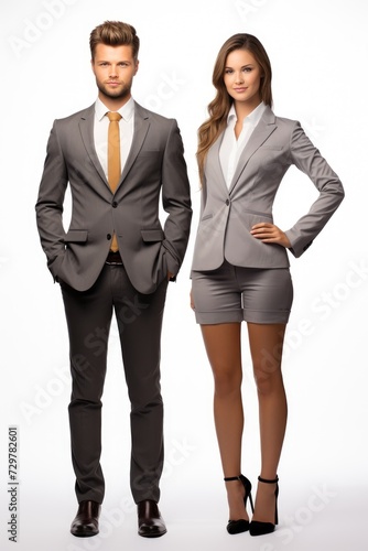 Male and female businessmen, white background