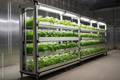 High-tech hydroponic farm. Vertical farming in building with advanced agricultural greenhouse technology. 