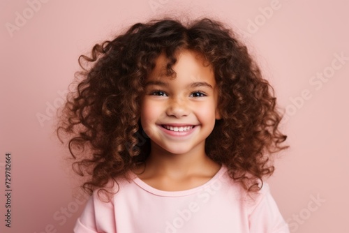 Portrait of a smiling little girl with curly hair on a pink background © Chacmool