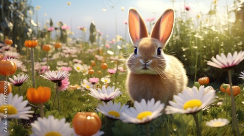 A cute Easter bunny in a meadow among blooming flowers and with colored eggs  a spring day during the Easter holidays.