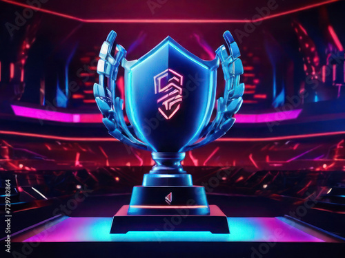 Wallpaper Mural Esports Championship Arena: Winner's Trophy Center Stage, Surrounded by Competing Teams' PCs and Stylish Neon Lights Torontodigital.ca