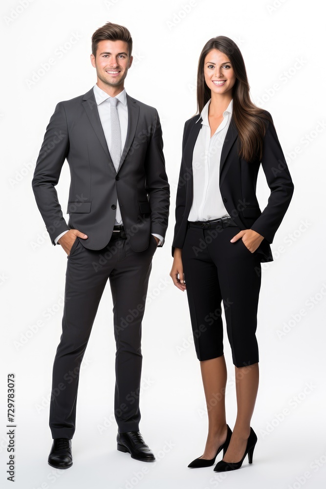 Male and female businessmen, white background Male and female businessmen, white background
