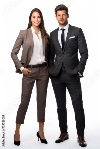 Male and female businessmen, white background