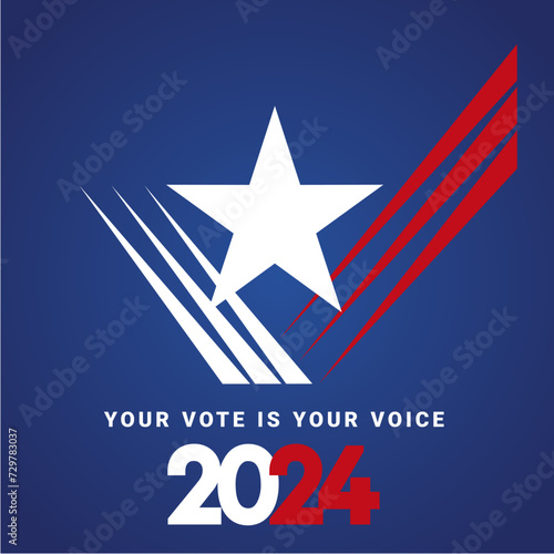 USA Presidential Election 2024. Check mark vote on blue. USA star with american flag colors and symbols. Voting Day 2024 Election in USA, Political election campaign emblem logo