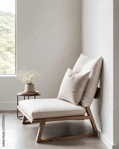 Minimalistic Reading Nook - Professional Close-up of a Cozy Interior with Japanese Aesthetics and Soft Upholstery Gen AI photo