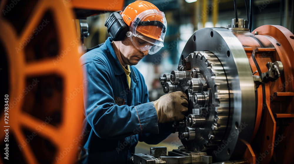 Worker on a large machine in mechanical engineering Worker on a large machine in mechanical engineering