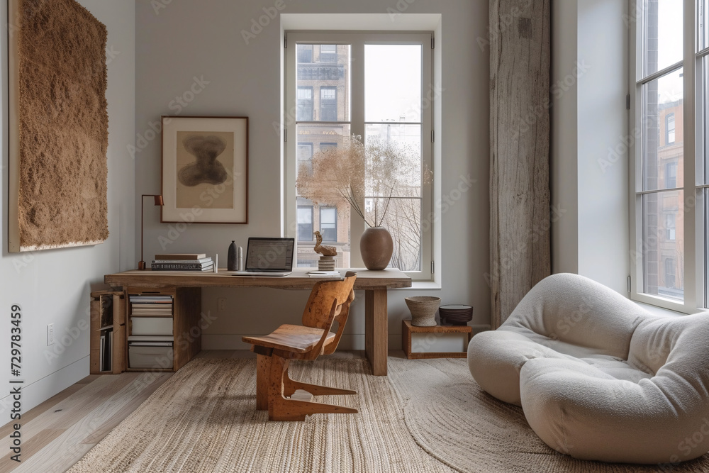 View of Minimalist Scandinavian Interior Home Office Room Plants in Vase, Home ...
