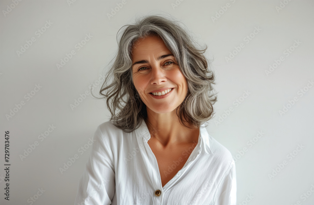Effortless Elegance: Radiant Woman with Silver Waves and Playful Smile in White Effortless Elegance: Radiant Woman with Silver Waves and Playful Smile in White