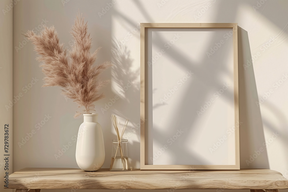 Wooden Poster Frame Mockup with Elegance in Every Detail Wall Decor with Vase and Plant Elegance in Every Detail Wall Decor with Vase and Leaves
Stylish Wooden Frame and Botanical Accents