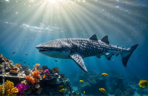 Grey shark swimming in a tropical underwater scene with blue water, coral reef, and other marine life in an aquarium