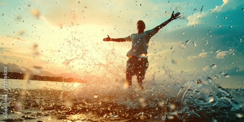 Happy man dancing in the water. Wet and wild action shot with a fun-loving young man grooving in the water