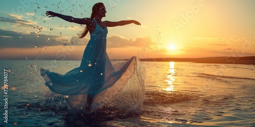 Happy woman dancing in the water. Wet and wild action shot with a fun-loving young woman grooving in the water