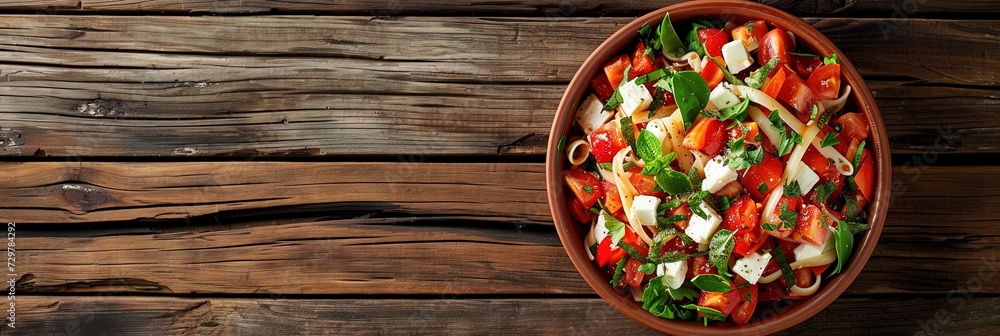 Overhead photo of a bowl of delicious antipasta salad on wooden table. Overhead photo of a bowl of delicious antipasta salad on wooden table.
