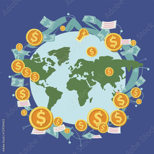 2d vector illustration colorful trading over the world map money bitcoin crypto 
