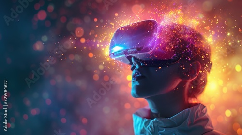 VR glasses. Woman with virtual reality headset stands illuminated by vibrant neon lights, suggesting futuristic technology. Generative AI photo