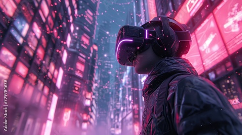 VR glasses. Man with virtual reality headset stands illuminated by vibrant neon lights, suggesting futuristic technology. Generative AI