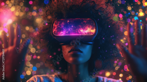 VR glasses. Young woman is immersed in a cosmic virtual reality simulation with a vibrant galaxy displayed on her VR headset. Suggesting futuristic technology. Generative AI