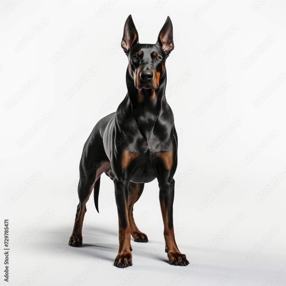 Elegant Doberman Pinscher standing against a white background, showcasing its muscular build and attentive expression. Elegant Doberman Pinscher standing against a white background, showcasing its muscular build and attentive expression.