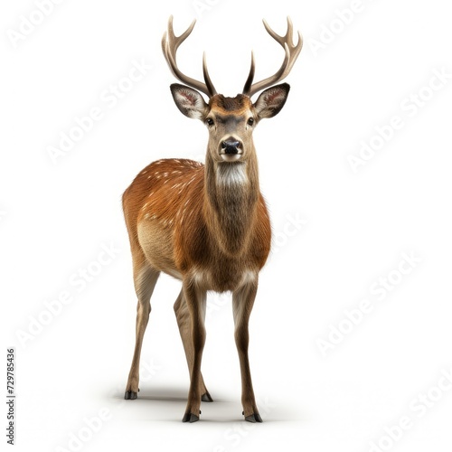 Majestic spotted deer with large antlers standing against a white background  looking at the camera.