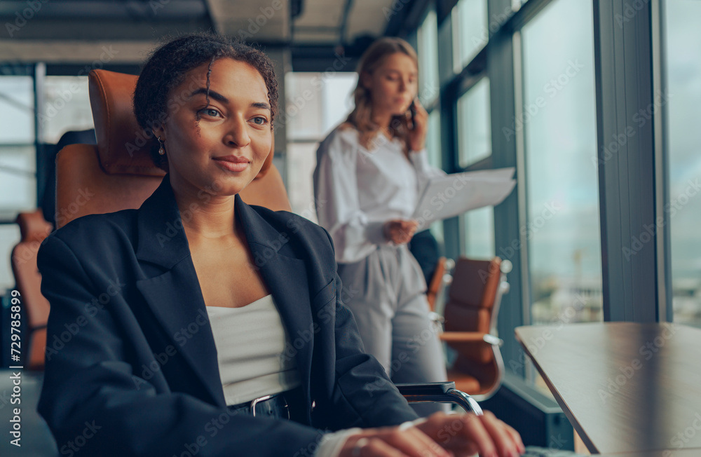Smiling businesswoman working on computer while sitting in office on colleagues background Smiling businesswoman working on computer while sitting in office on colleagues background