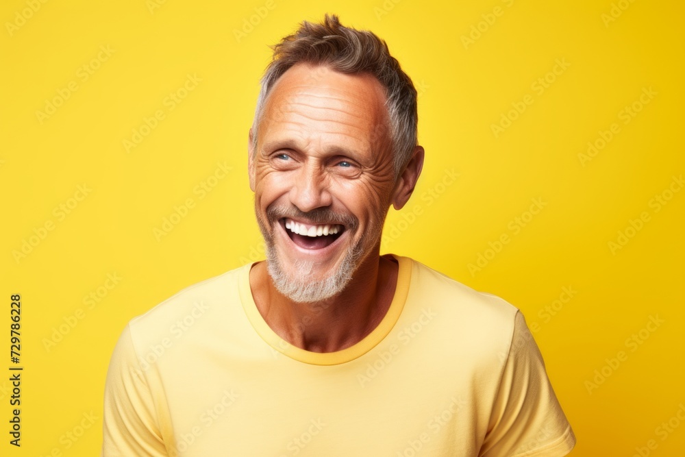 Portrait of a happy mature man laughing at camera on yellow background Portrait of a happy mature man laughing at camera on yellow background