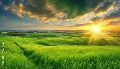 a sunset over a green field  with the sun shining through the clouds and the sun shining through the leaves   wind moving green grass  panoramic view  summer scenery