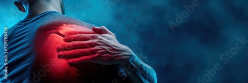 Shoulder pain concept with injured red area that's sore and dislocated on man's body