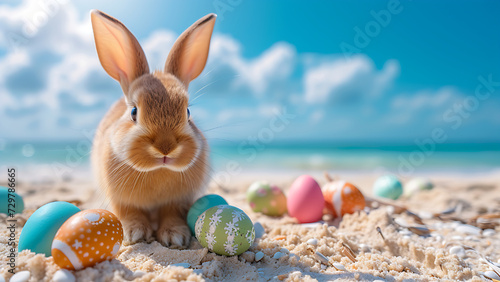 Easter travel concept with a bunny and colorful eggs.