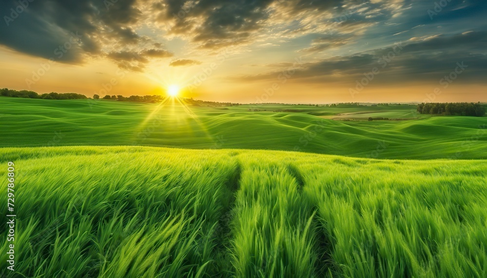 a sunset over a green field  with the sun shining through the clouds and the sun shining through the leaves,  wind moving green grass, panoramic view, summer scenery