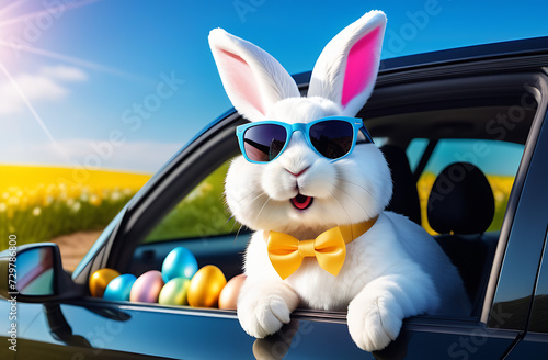 Cute Easter Bunny with sunglasses looking out of a car filed with easter eggs,